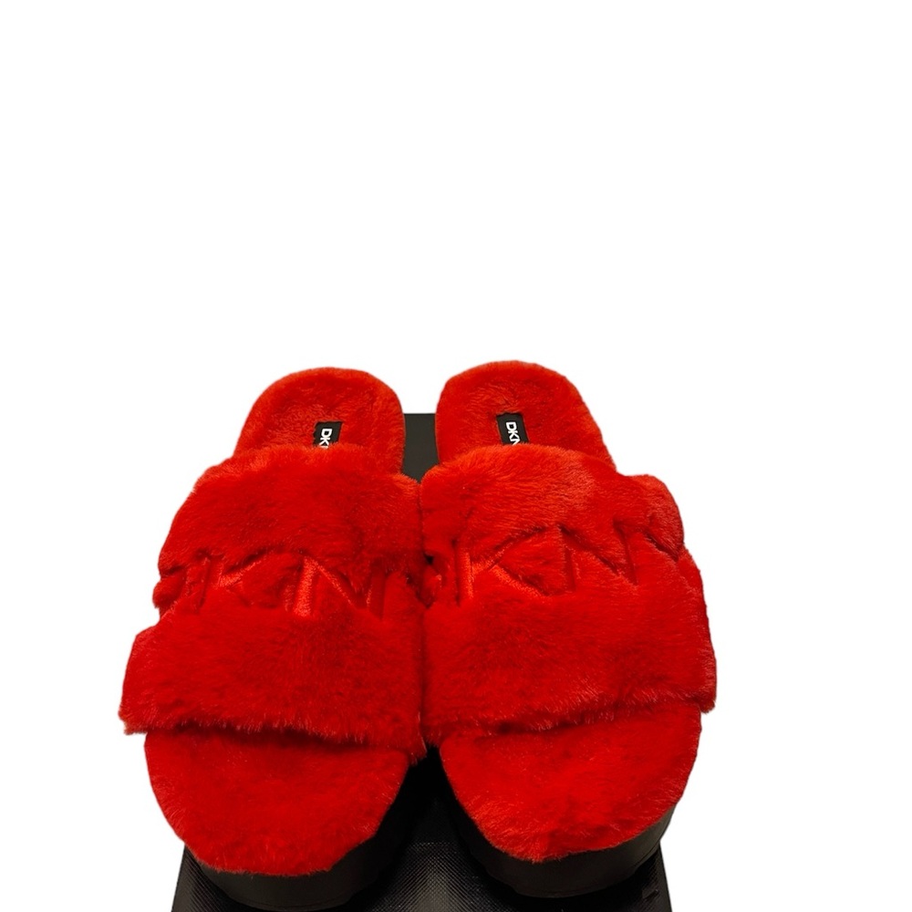 NEW DKNY Red Fuzzy Slipper Slides ~ Size 10